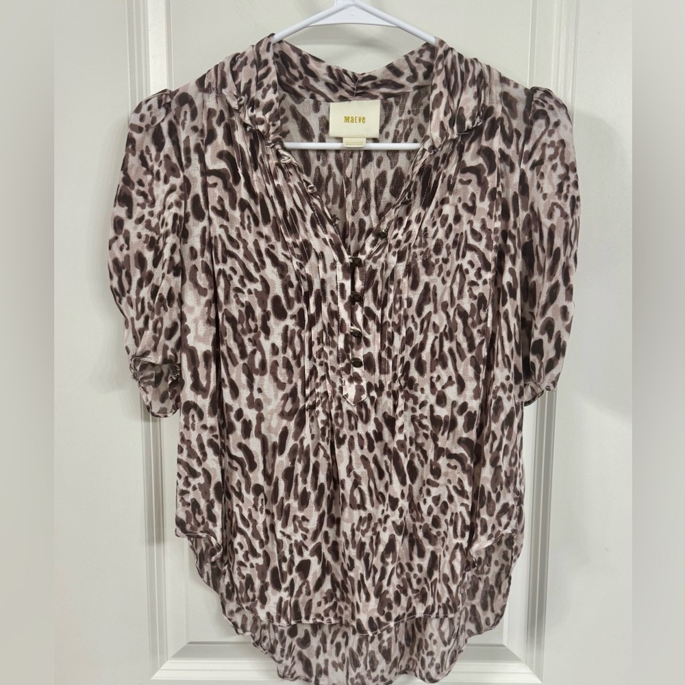 Maeve Brown and White Ruffled Short Sleeve Blouse - Picture 4 of 4